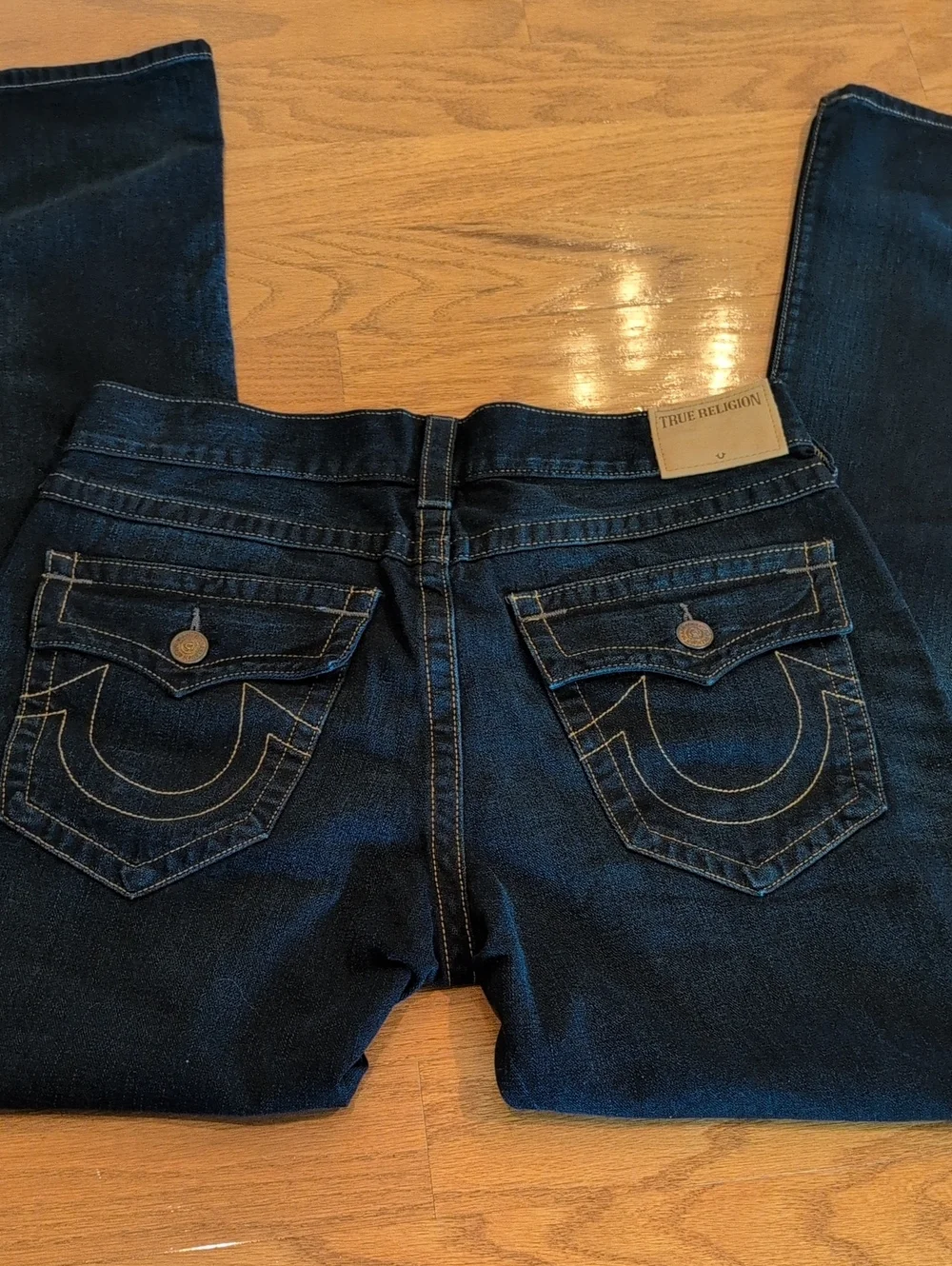 True Religion men's Dark Blue Bootcut Jeans with Signature Pocket Flap